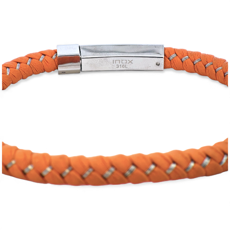 Pulsera de Cuero Trenzado Naranja con Cierre Acero