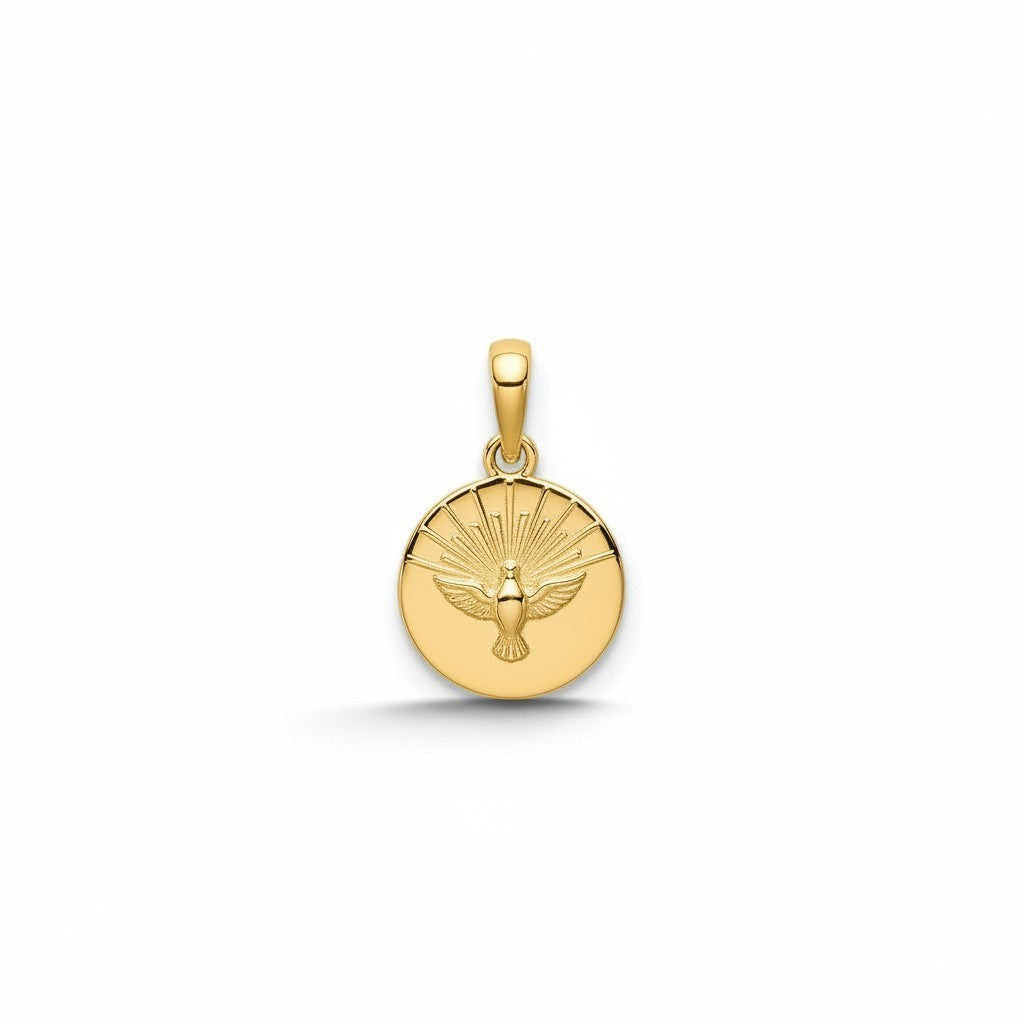 Medalla redonda Sophia Schneider Joyas de plata enchapada en oro con diseño de Espíritu Santo y rayos de sol, 12 mm. Primera comunión, confirmación, bautizo