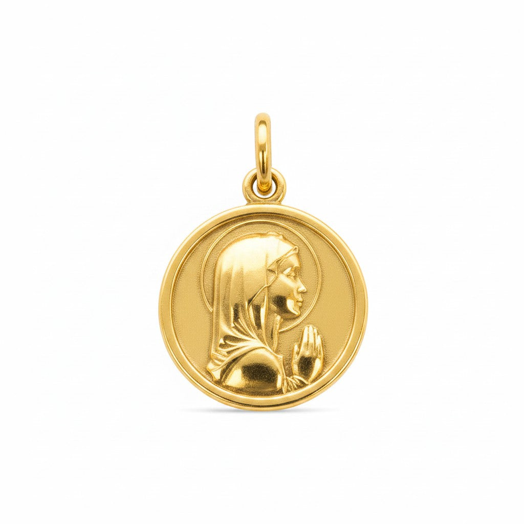 Medalla redonda de plata enchapada en oro de Sophia Schneider Joyas con imagen de la Virgen Orando, 14 mm- Primera comunión, confirmación, bautizo