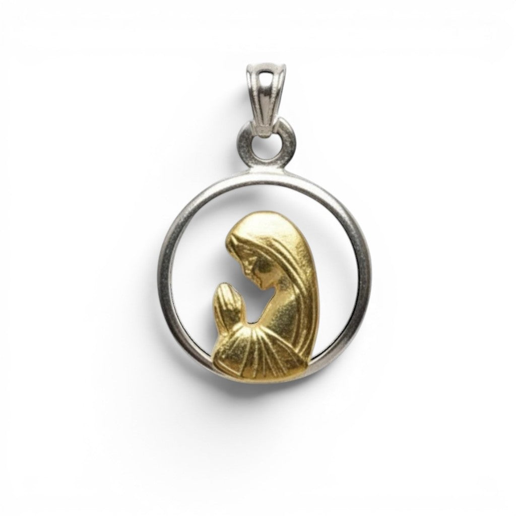Medalla redonda Sophia Schneider Joyas con Virgen orando en oro laminado sobre cristal y marco de plata de 20 mm