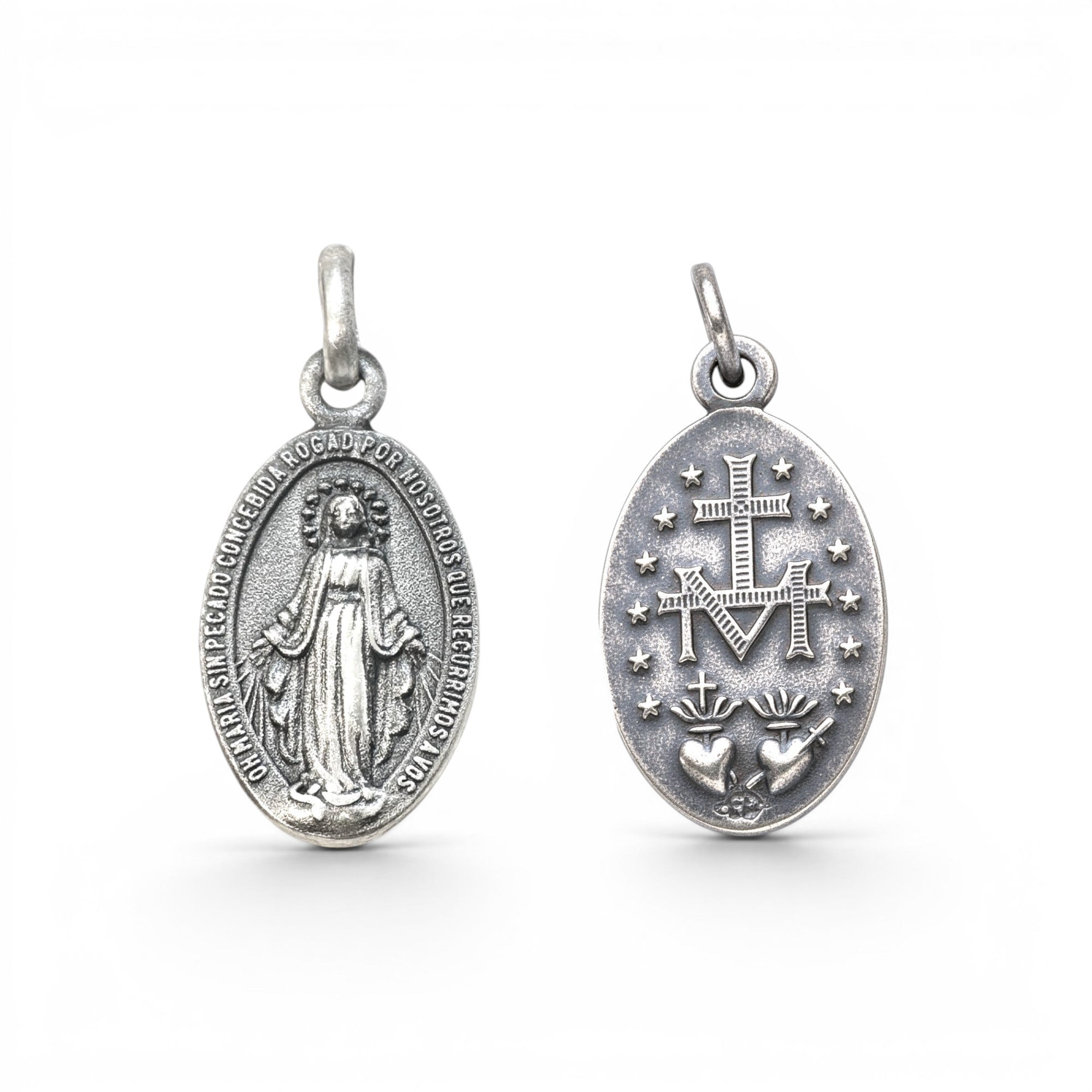 Medalla ovalada Sophia Schneider Joyas de la Virgen de los Rayos y Sagrado Corazón en plata 925 de 12x18 mm
