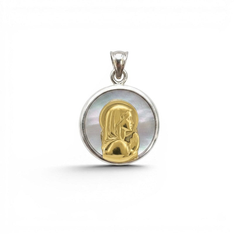 Sophia Schneider Joyas round mother-of-pearl and gold-plated silver pendant with praying Virgin Mary design, 12mm.