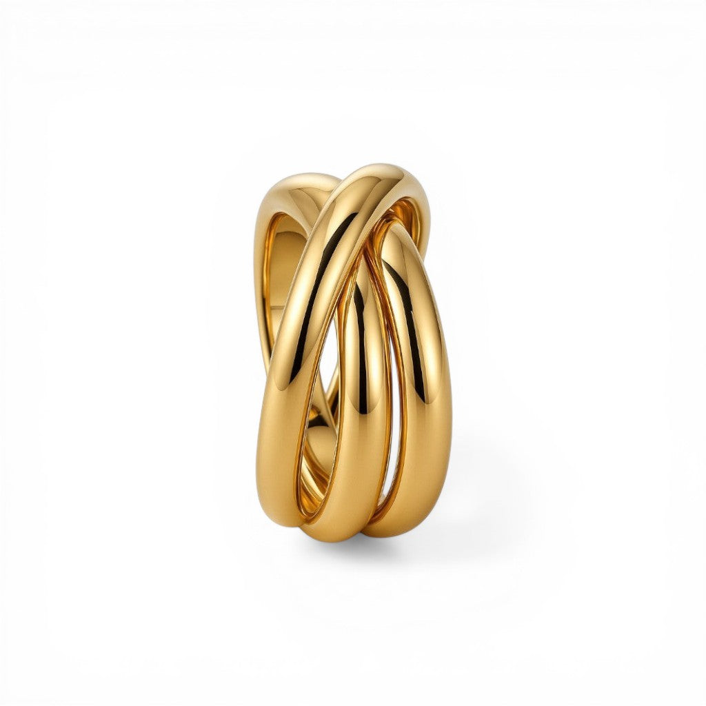 Sophia Schneider Joyas chunky gold plated silver ring with intertwined design, size 13.