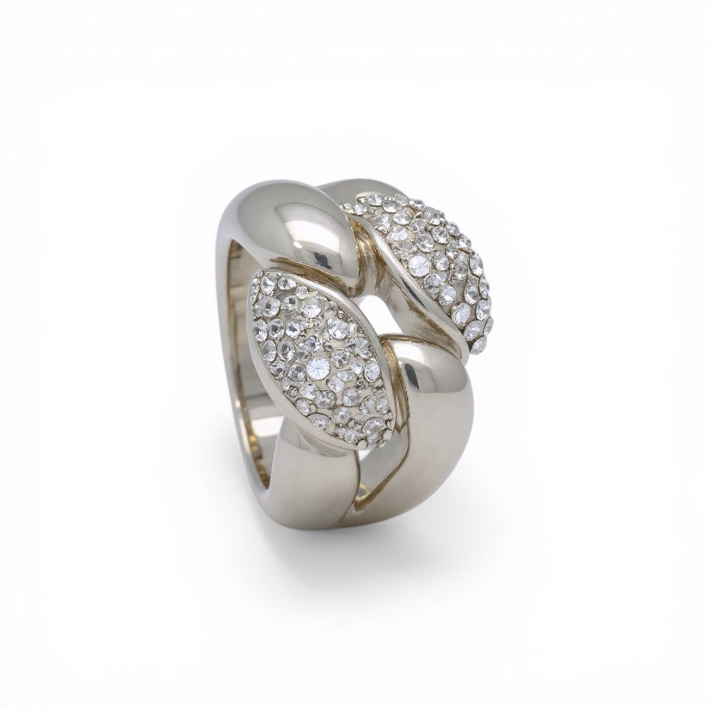Sophia Schneider Joyas chunky silver ring with braided design and pave crystal accents. Rhodium plated.