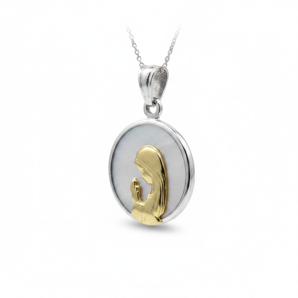 Sophia Schneider Joyas round 12mm medal with praying Virgin Mary in gold and mother-of-pearl inlay.
