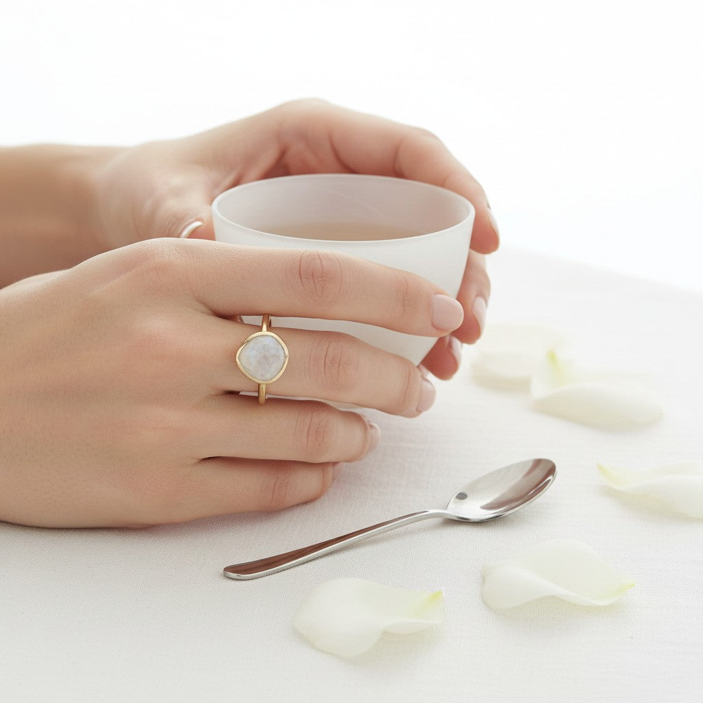 Sophia Schneider Joyas gold-plated silver ring with a faceted white stone and bezel setting. Size 13.