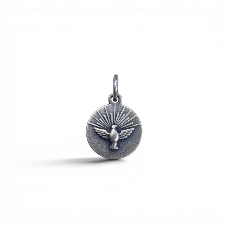 Sophia Schneider Joyas round 12mm Holy Spirit medal in sterling silver with dove emblem.