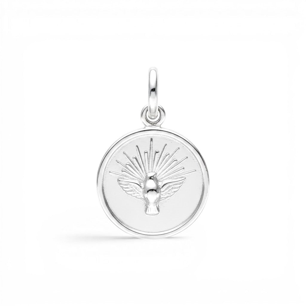 Sophia Schneider Joyas round 14mm sterling silver Holy Spirit charm, customizable with laser engraving.