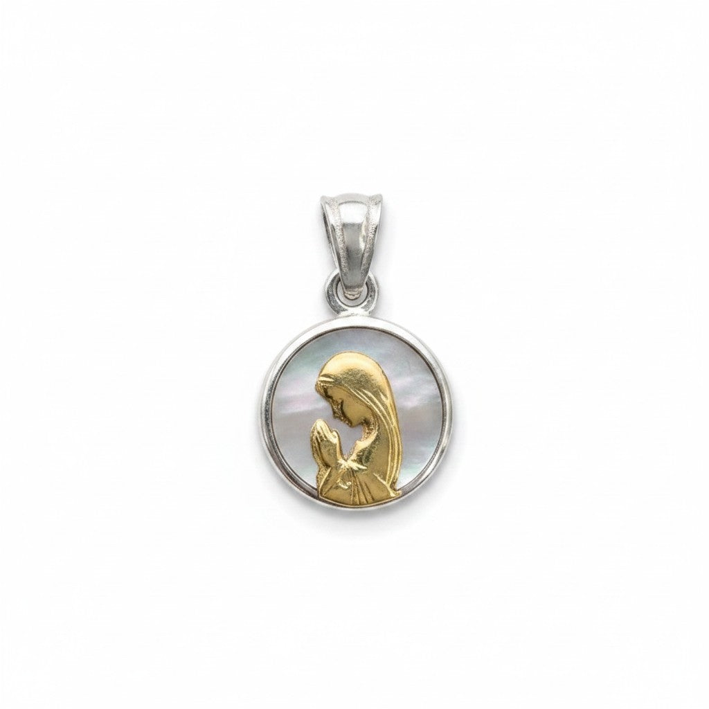 Sophia Schneider Joyas round 12mm mother-of-pearl and gold-plated silver pendant with praying Virgin Mary.