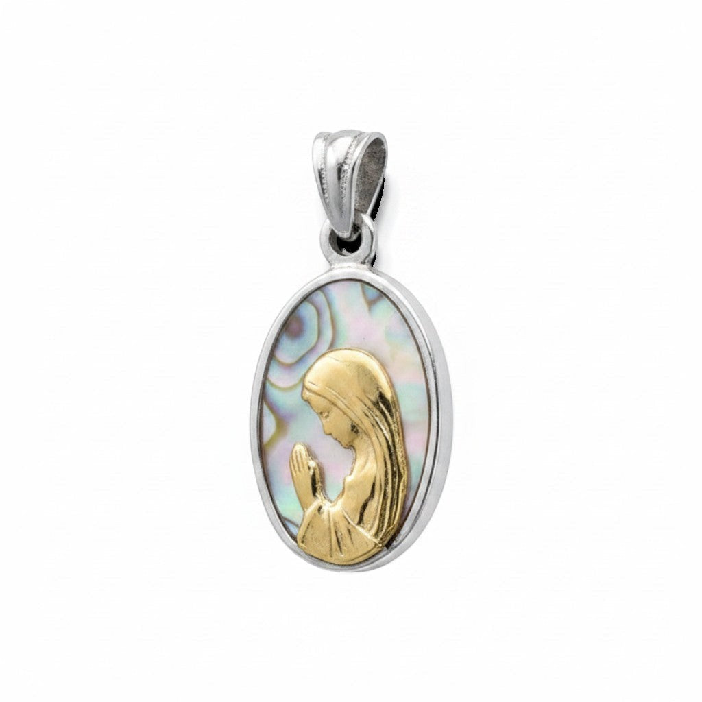Sophia Schneider Joyas oval mother-of-pearl pendant with gold-plated praying Virgin Mary.