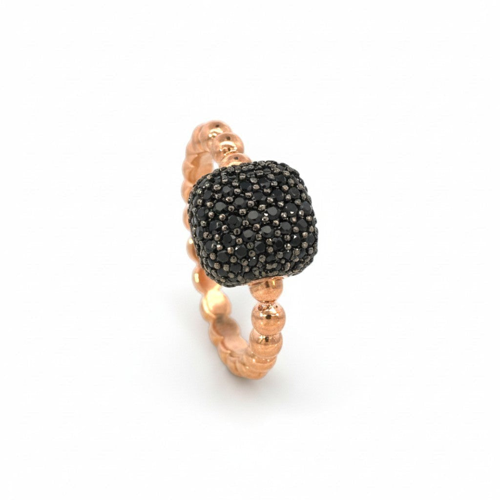 Sophia Schneider Joyas rose gold plated silver ring with black cubic zirconia and beaded band.
