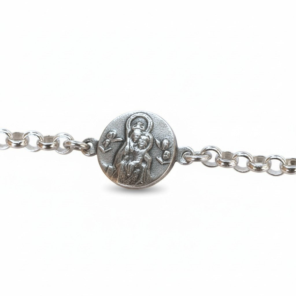 Sophia Schneider Joyas silver 925 chain bracelet with 12mm circular medal featuring a scapular design.