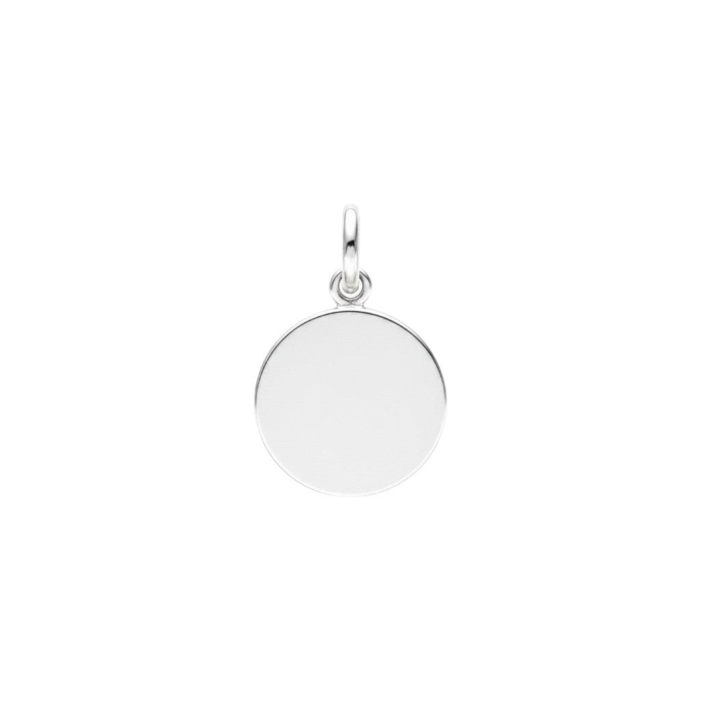Sophia Schneider Joyas round 14mm sterling silver Holy Spirit medal with dove engraving, customizable.