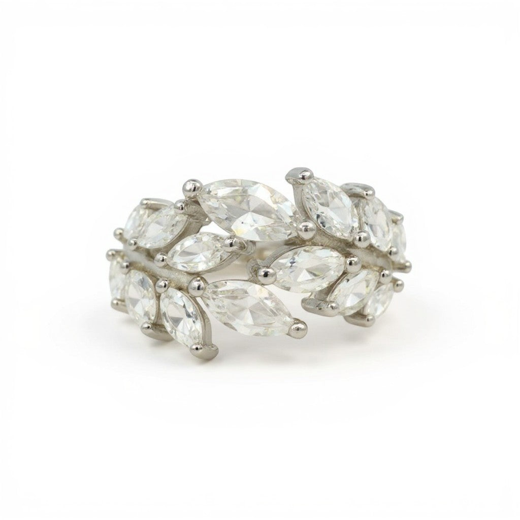 Sophia Schneider Joyas silver ring with marquise-cut cubic zirconia in a leaf design.