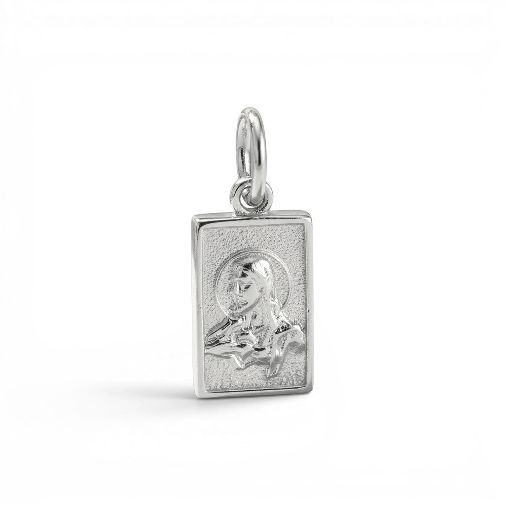 Sophia Schneider Joyas mini silver scapular charm with Jesus Christ engraving, 6x8mm.
