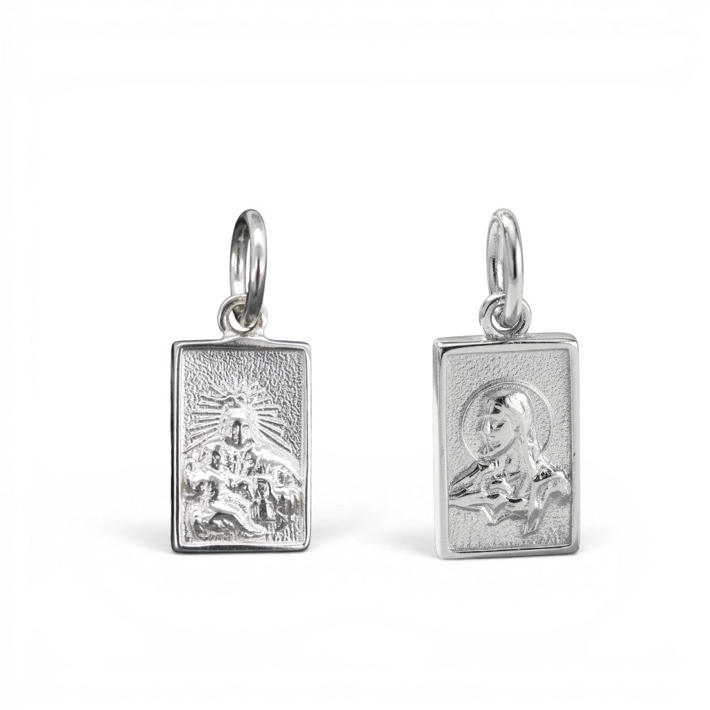 Sophia Schneider Joyas silver scapular mini pendant with religious imagery, 6x8 mm.