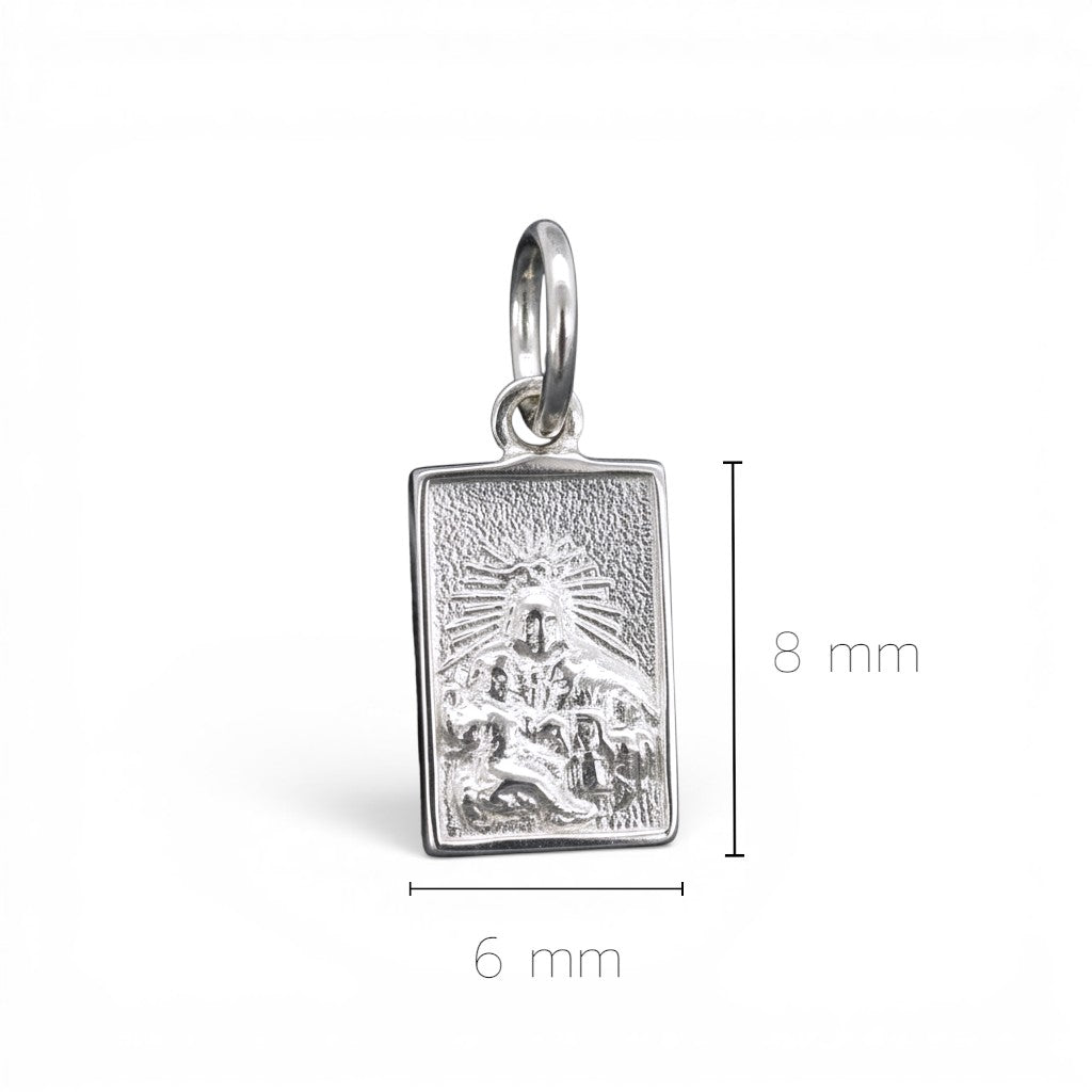 Sophia Schneider Joyas silver scapular mini pendant with religious imagery, 6x8 mm.