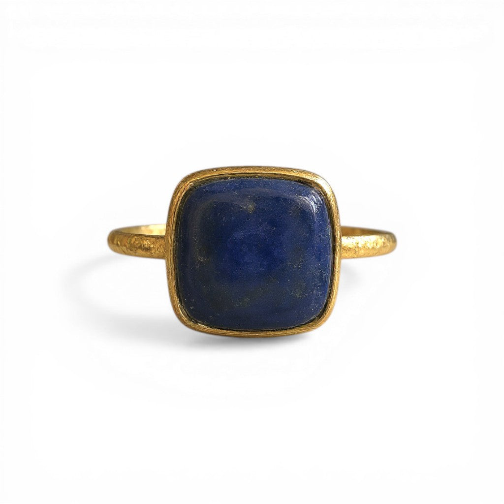 Sophia Schneider Joyas square lapis lazuli ring with gold bezel and 18K gold plating on 925 silver.