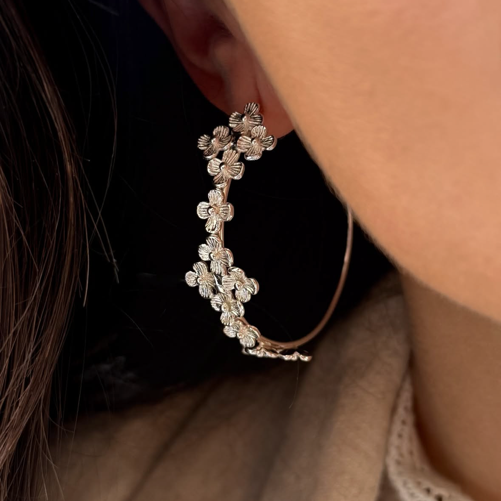 Aros flores argollas plateadas grandes