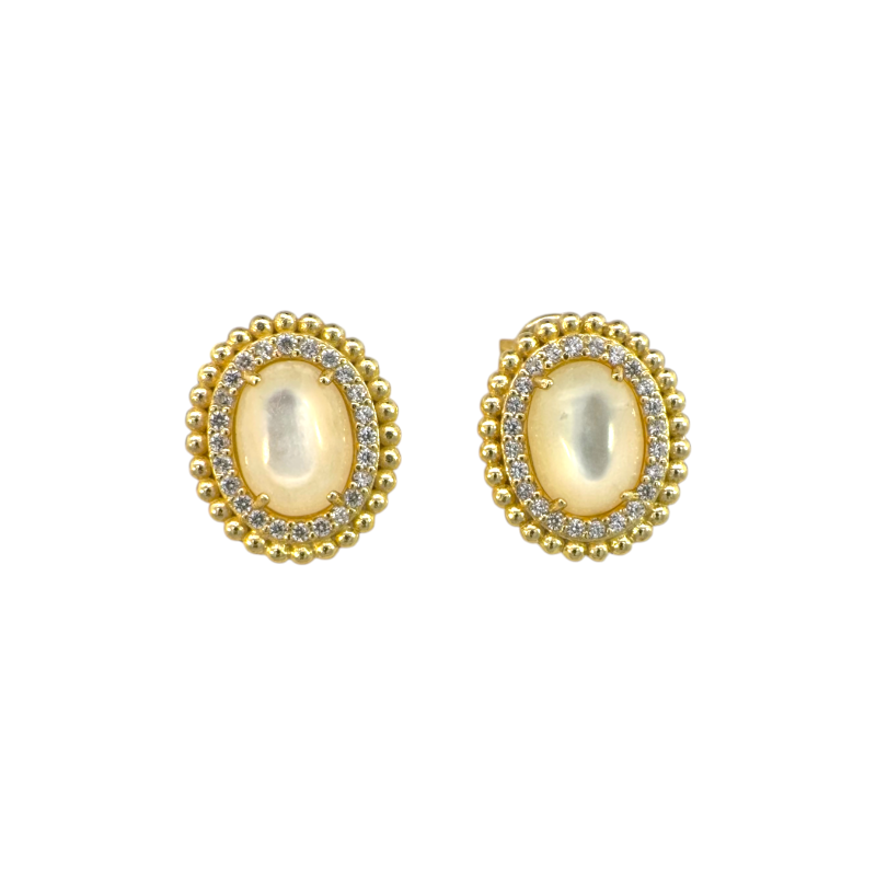 Aros stud Perla oval 6x8 mm halo circones plata bañada oro
