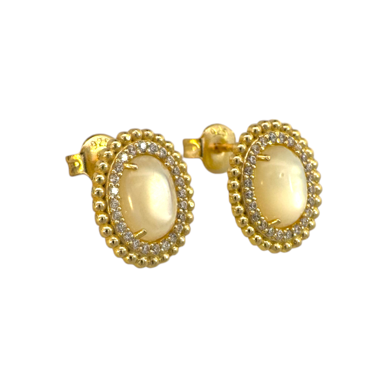 Aros stud Perla oval 6x8 mm halo circones plata bañada oro