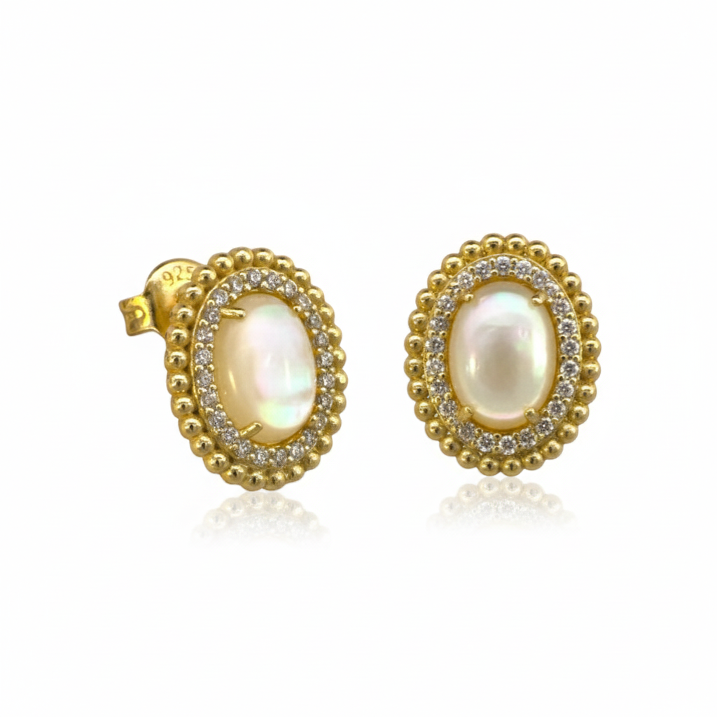 Aros stud Perla oval 6x8 mm halo circones plata bañada oro